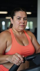 Fototapeta premium Obese woman exercises at the gym on a treadmill as symbolism for weight loss and a healthier lifestyle