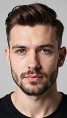 Obraz premium Close-up portrait of Caucasian bearded gay man wearing red lipstick with metrosexual aesthetic in a horizontal composition against an LGBTQ background