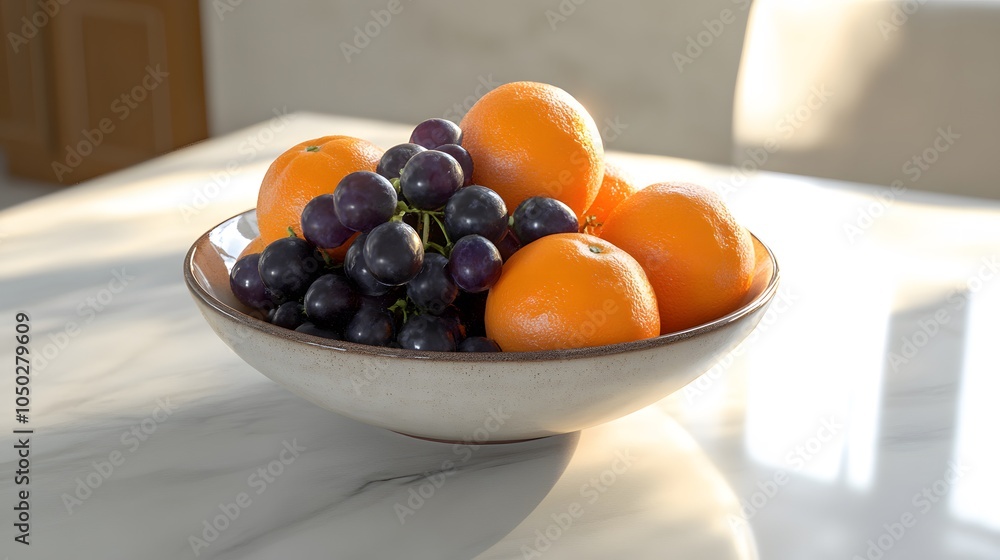 Poster A high-angle shot of a bowl filled with oranges and grapes, centered on a smooth table, plain background, 4K resolution