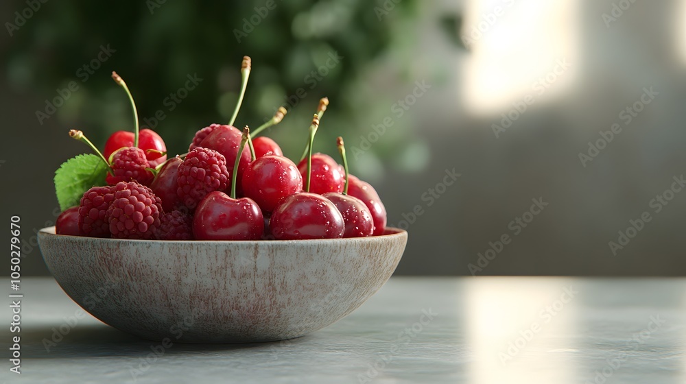 Poster a front-angle view of a small bowl of cherries and raspberries, displayed neatly on a clean table, p