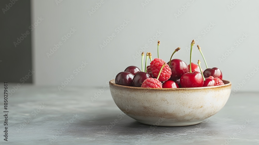 Poster a front-angle view of a small bowl of cherries and raspberries, displayed neatly on a clean table, p