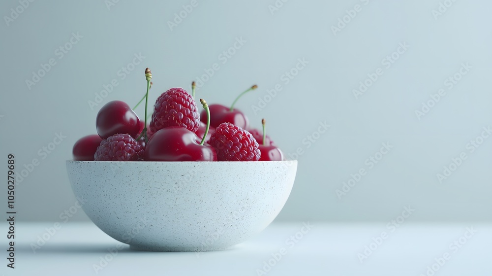 Poster a front-angle view of a small bowl of cherries and raspberries, displayed neatly on a clean table, p