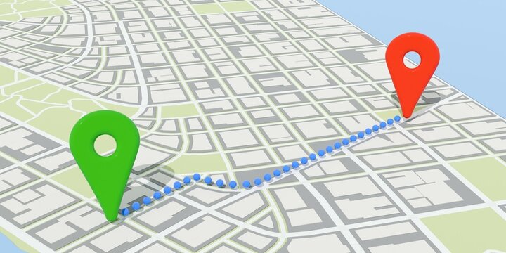 Red and green location marker on abstract city model map background with one route in blue, travel, navigation, route finding or gps location concept