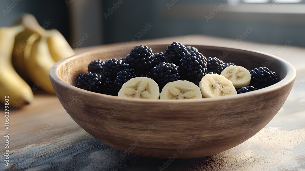 Poster A front-angle close-up of a bowl with blackberries and banana slices, on a rustic table, plain background, 4K resolution