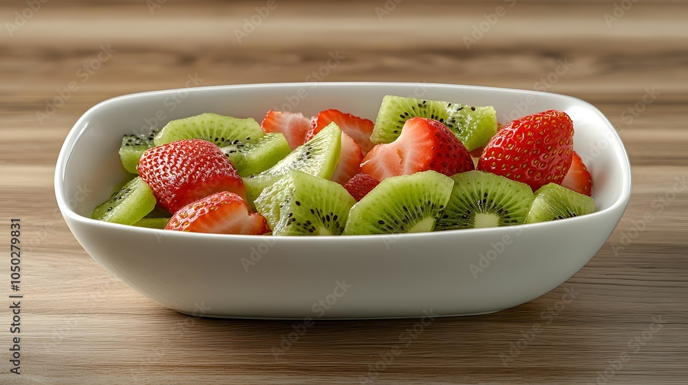 Poster A side-angle view of a bowl with fresh kiwi and strawberry slices, beautifully displayed on a wooden table, plain background, 4K resolution
