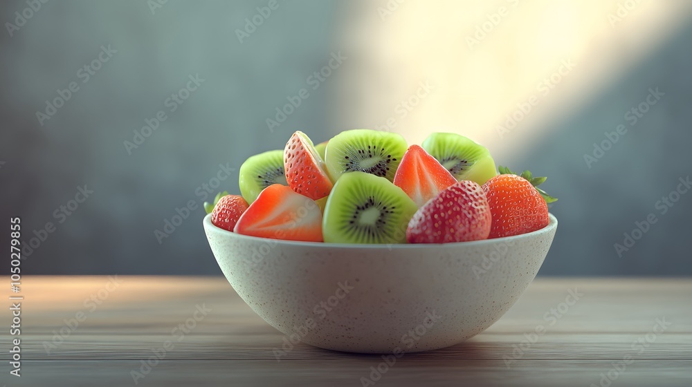Poster A side-angle view of a bowl with fresh kiwi and strawberry slices, beautifully displayed on a wooden table, plain background, 4K resolution