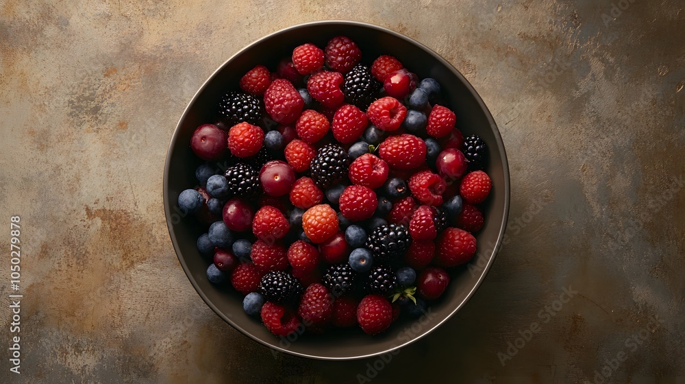 Poster A top-down shot of a bowl overflowing with assorted mixed berries, positioned at the center of a table, plain background, 4K resolution
