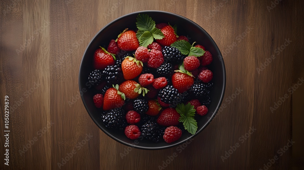Poster A top-down shot of a bowl overflowing with assorted mixed berries, positioned at the center of a table, plain background, 4K resolution