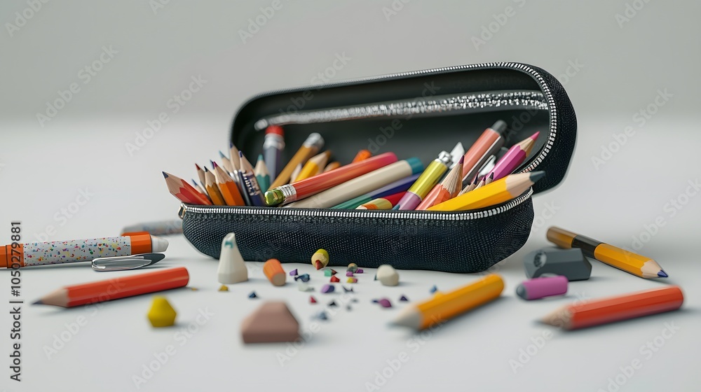 Poster a high-angle view of an open pencil case with assorted pens, pencils, and an eraser spilling out ont