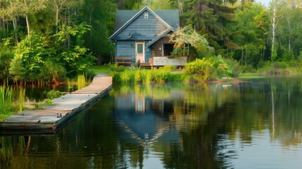 Obraz premium A cozy lakeside cottage with a wooden dock and serene waters, Rural setting with lakeside charm, Cozy style