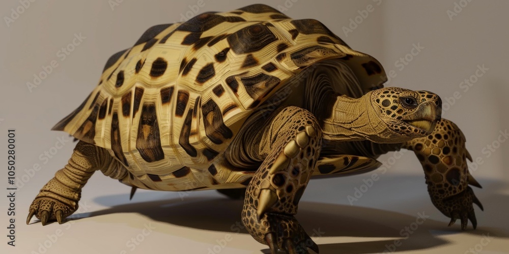 Poster leopard tortoise showcases its unique spotted shell while standing alone against a plain white backg