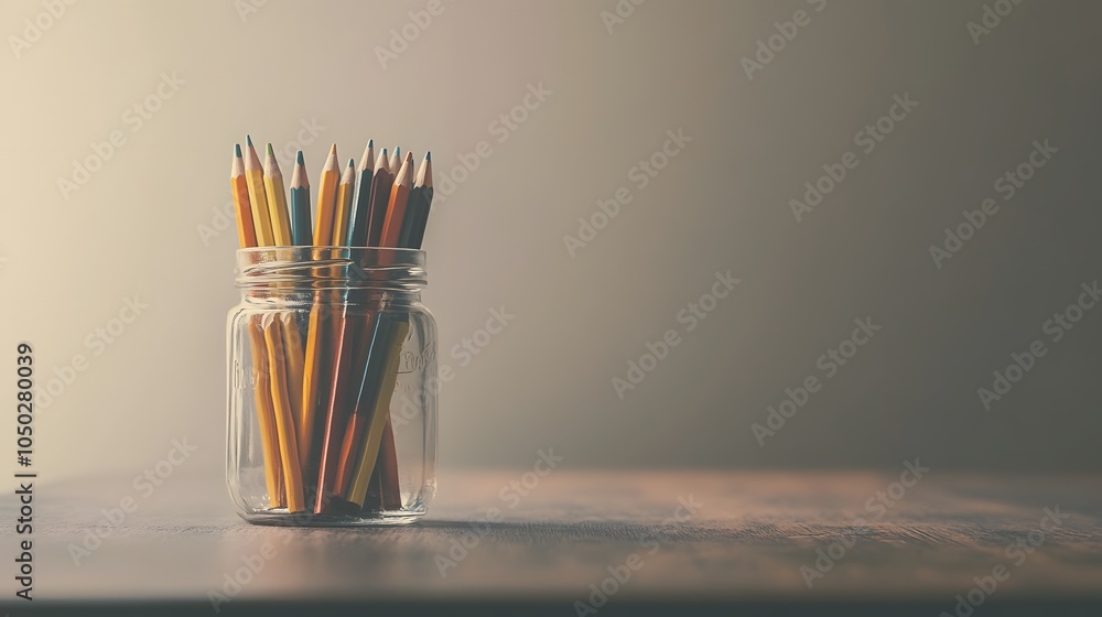 Poster A front-angle close-up of a jar filled with markers and pencils, resting on a clean table, plain background, 4K resolution