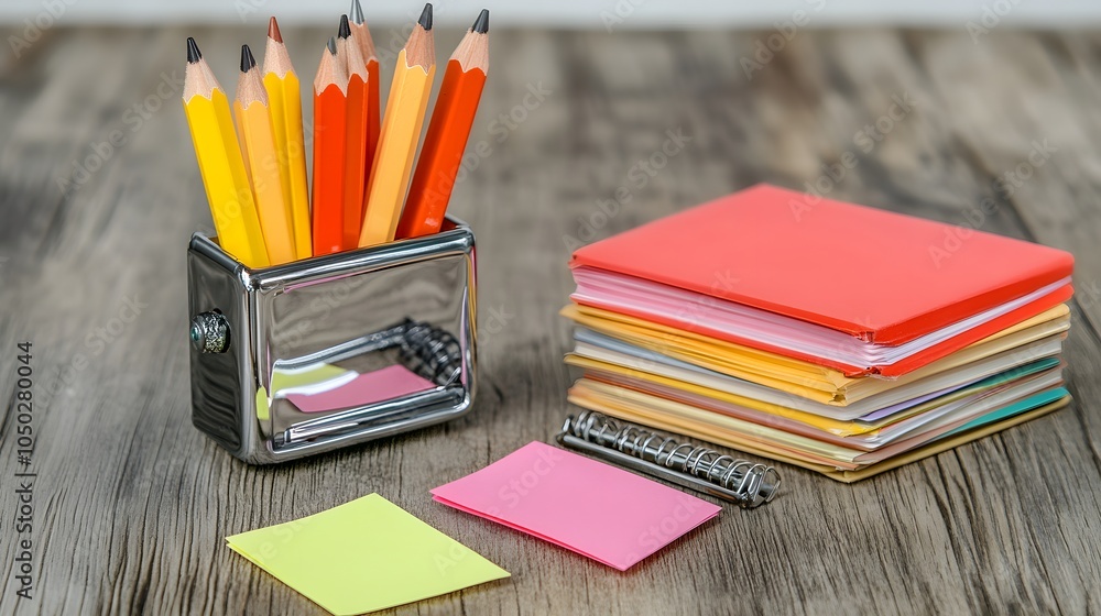 Poster A close-up view of a pencil set in a holder next to sticky notes and a stapler, arranged on a wooden table, plain background, 4K resolution
