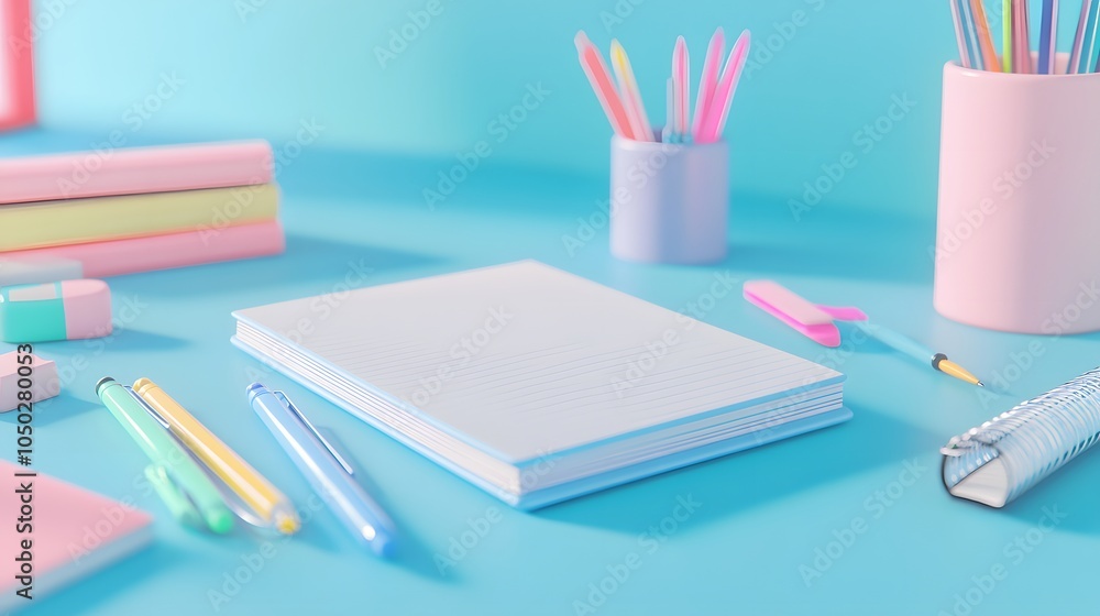 Poster A wide-angle view of a stationary set with colored pens, an eraser, and a notebook, displayed on a modern desk, plain background, 4K resolution