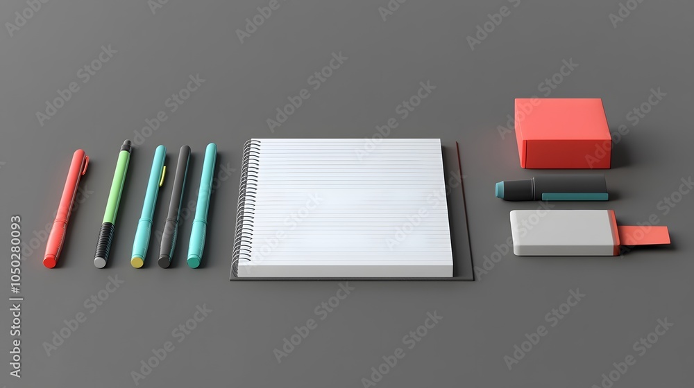 Poster a wide-angle view of a stationary set with colored pens, an eraser, and a notebook, displayed on a m