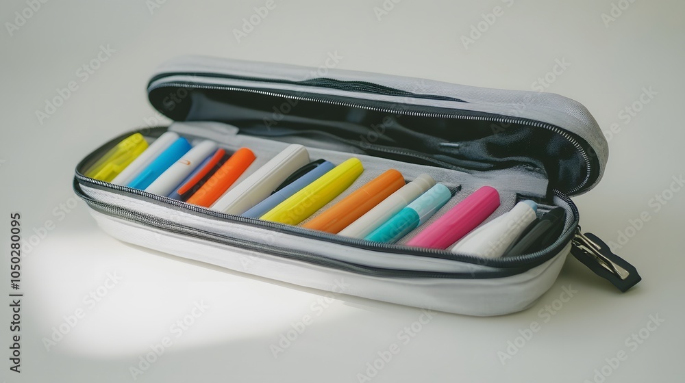 Poster a high-angle shot of a pencil case open with markers, highlighters, and an eraser visible, resting o