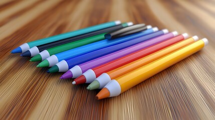A front-angle close-up of a set of colored pens and an eraser, on a clean wooden table, plain background, 4K resolution