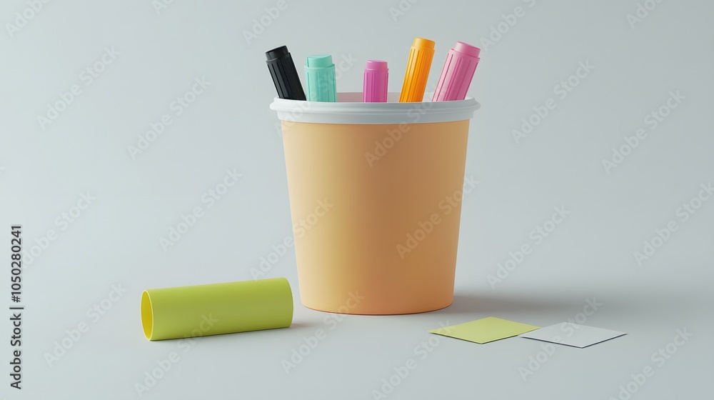 Poster A front-angle view of a cup filled with markers and sticky notes, arranged beside an eraser, plain background, 4K resolution