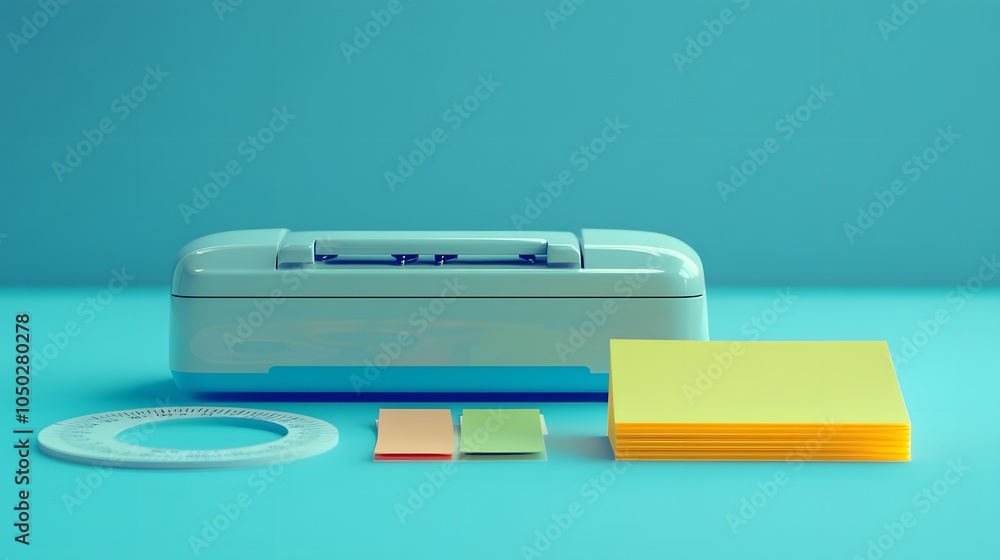 Poster A close-up view of a small stapler, protractor, and sticky notes, arranged in a neat line on a plain table, plain background, 4K resolution