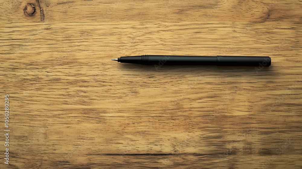 Poster A top-down view of a single black pen placed neatly on a wooden table, minimal style, plain background, 4K resolution