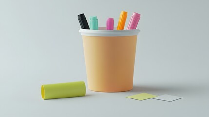 Fototapeta premium A front-angle view of a cup filled with markers and sticky notes, arranged beside an eraser, plain background, 4K resolution