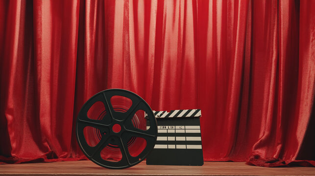 Film Reel and Clapperboard on Red Stage Curtain   Movie Production  Cinema  Theatre  Holly