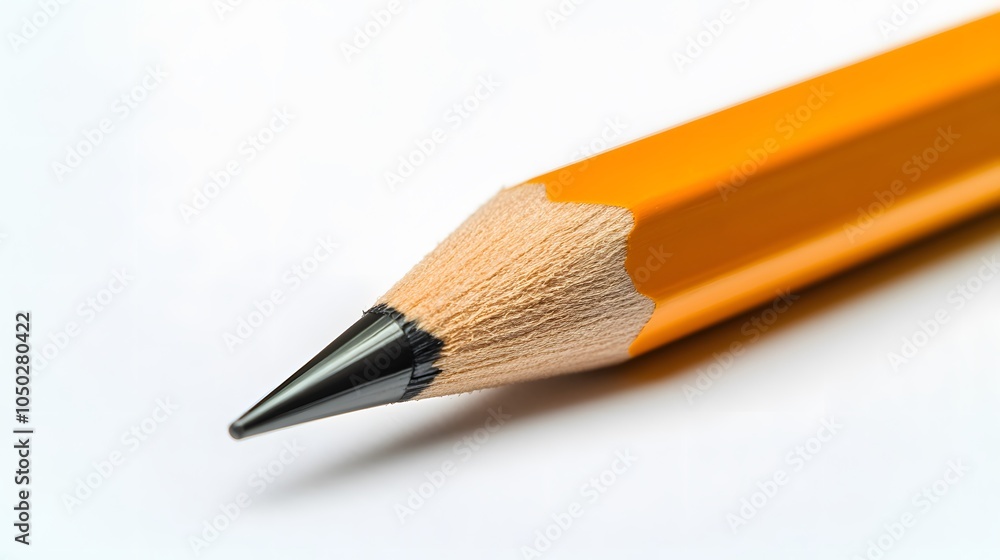 Poster a close-up, side-angle of a single mechanical pencil resting on a blank white notebook, minimal styl