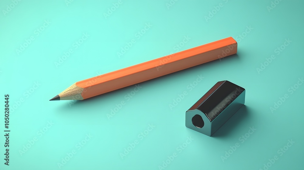 Poster a pencil and sharpener positioned perfectly aligned on a smooth surface, minimal style, plain backgr