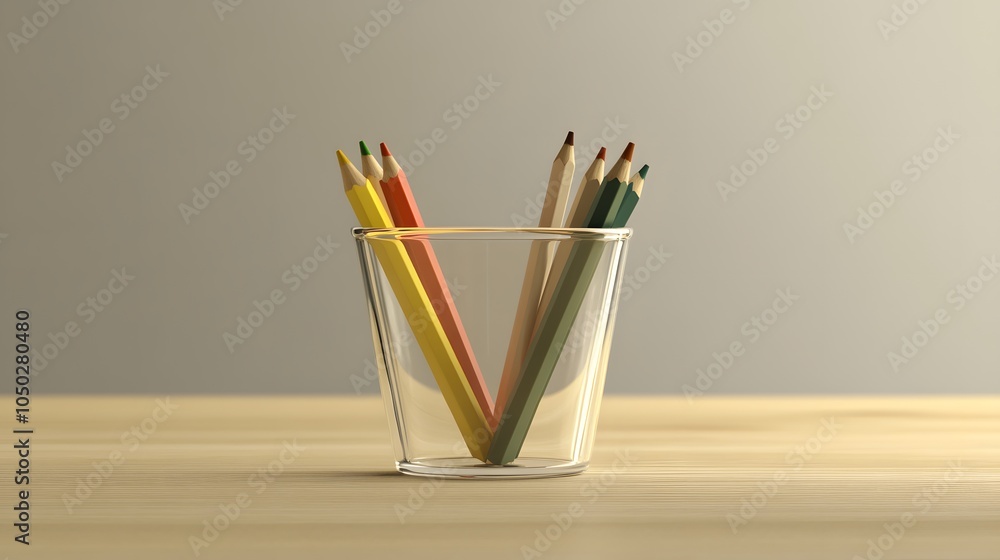 Poster a small clear cup with just a few colored pencils, set neatly on a simple table, minimal style, plai