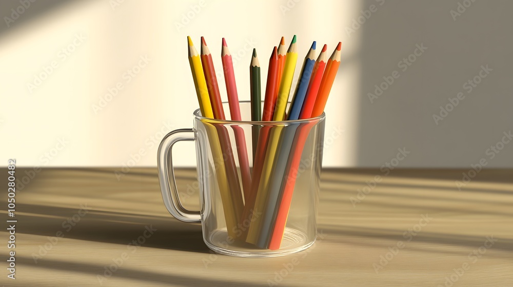 Poster a small clear cup with just a few colored pencils, set neatly on a simple table, minimal style, plai