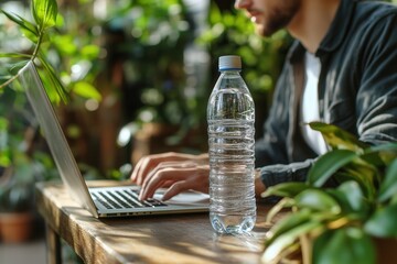 A person taps on a laptop keyboard while seated at a wooden table. A clear bottle of water sits nearby, and lush indoor plants enhance the tranquil atmosphere. The setting suggests focus and productiv