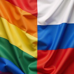 Fototapeta premium A silky texture rendition of the divided flags the Russian flag diagonally crossed by the rainbow pride flag