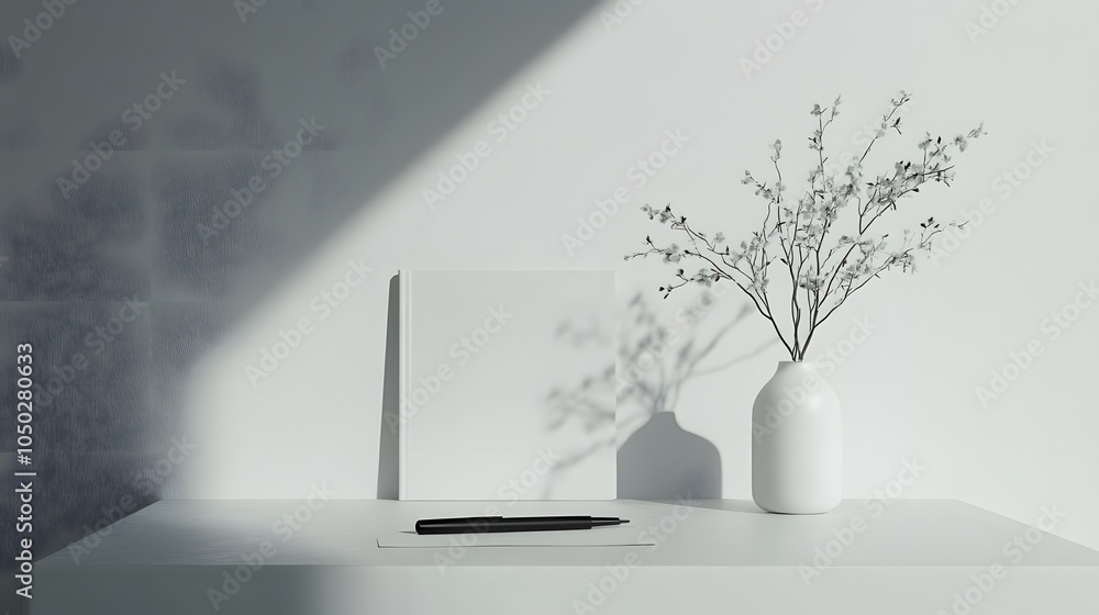 Poster A minimal setup with a plain white notebook and one black pen, placed neatly on a table, plain background, 4K resolution