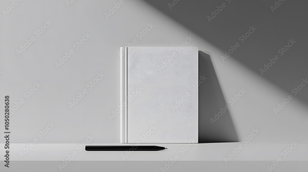 Poster A minimal setup with a plain white notebook and one black pen, placed neatly on a table, plain background, 4K resolution