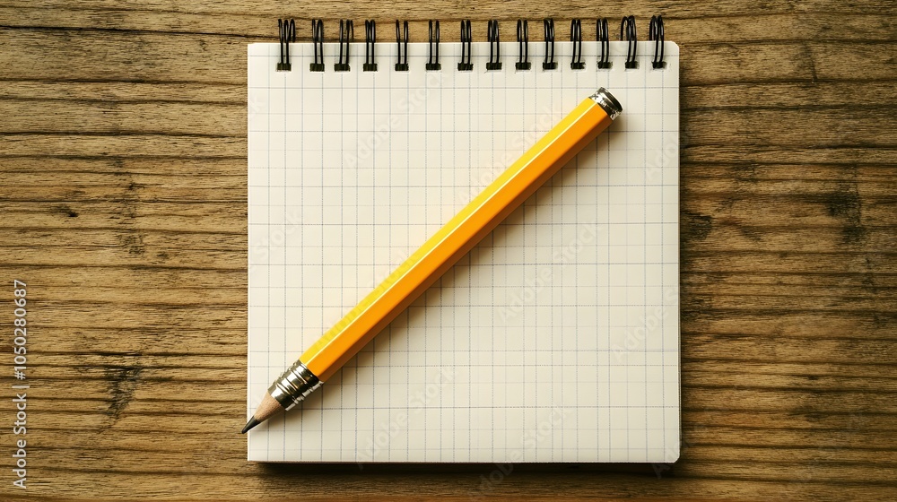 Poster a top-down view of a mechanical pencil placed diagonally across a clean notepad, minimal style, plai