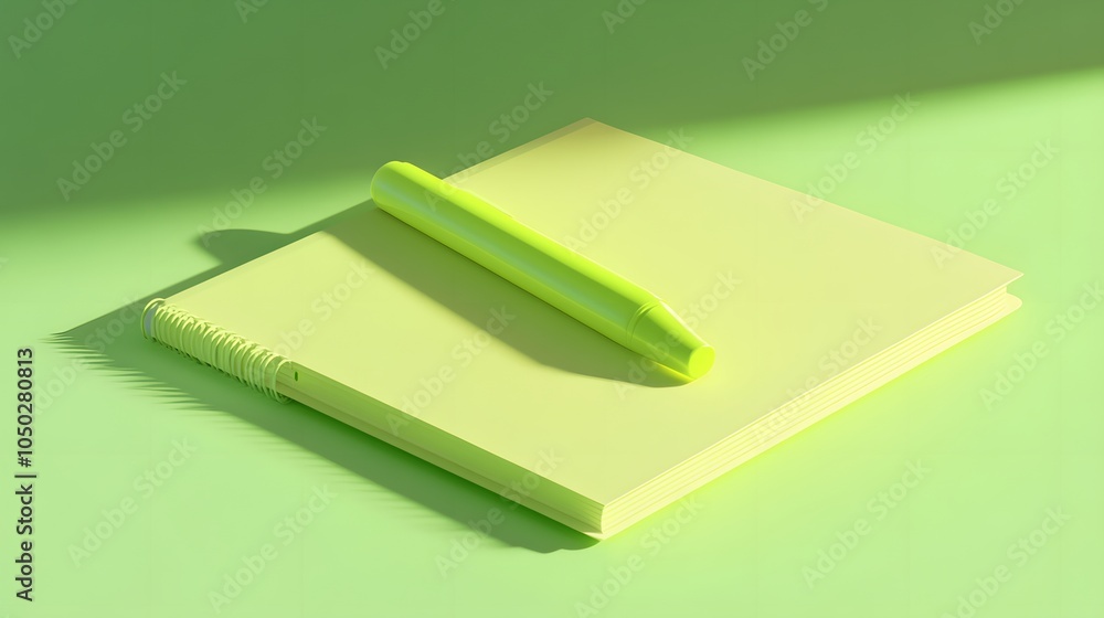 Poster A wide-angle view of a single highlighter and a notebook, positioned in harmony, minimal style, plain background, 4K resolution