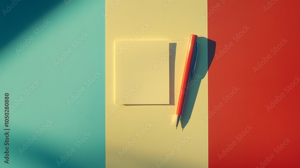 Poster A top-down view of a small sticky note and one pen, in a clean layout, minimal style, plain background, 4K resolution
