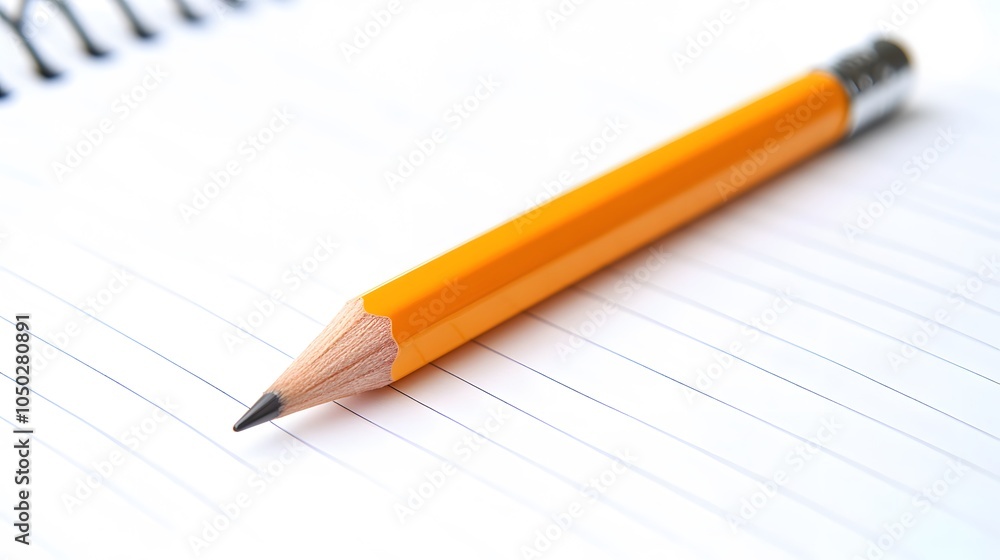 Poster A lone pencil resting diagonally across an empty notebook, creating a minimalistic setup, plain background, 4K resolution