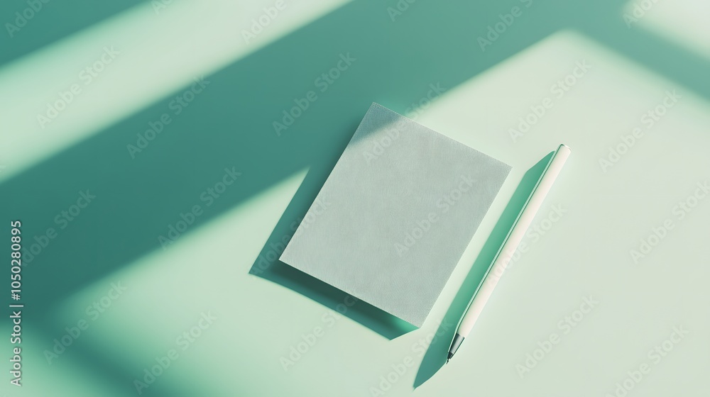 Poster A top-down view of a small sticky note and one pen, in a clean layout, minimal style, plain background, 4K resolution