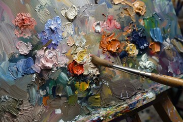 Brush applying thick colorful oil paint to a canvas creating an abstract floral artwork