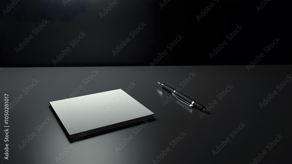 Poster A clean, minimal setup of just a pen and small notepad on a smooth table, plain background, 4K resolution