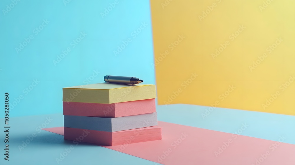 Poster A minimalist setup with a small stack of sticky notes and one pen, placed neatly on a table, plain background, 4K resolution