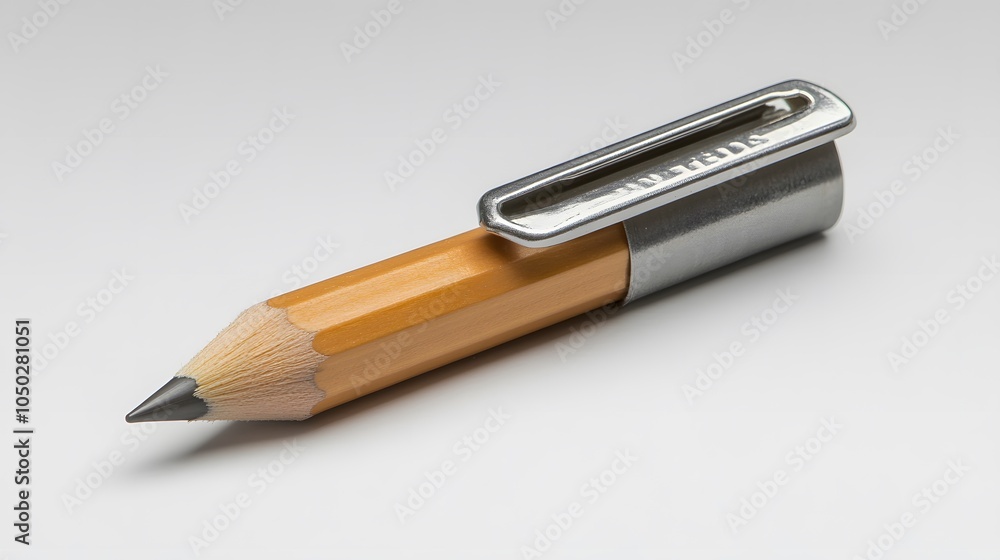 Poster a side-angle close-up of a pencil and sharpener arranged cleanly on a plain surface, minimal style, 