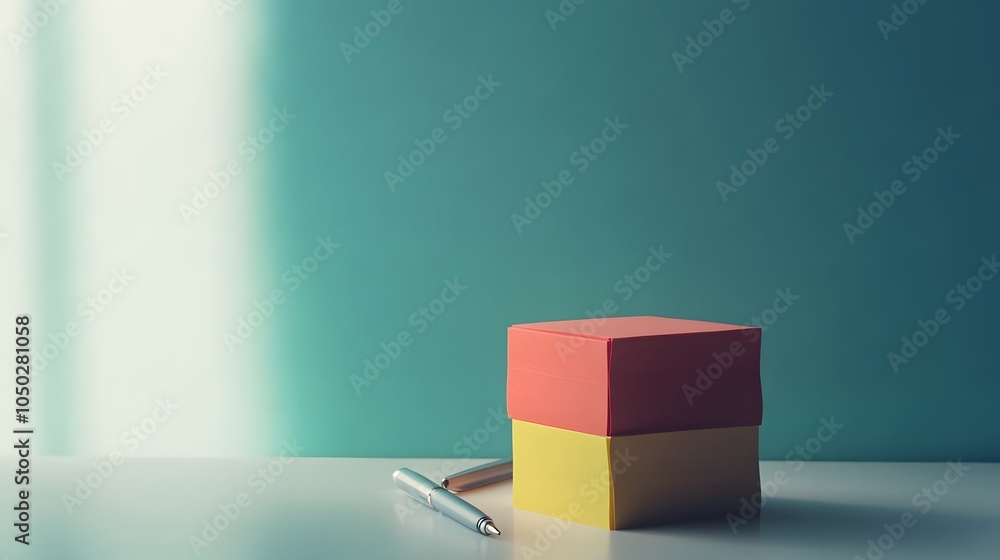 Poster A minimalist setup with a small stack of sticky notes and one pen, placed neatly on a table, plain background, 4K resolution