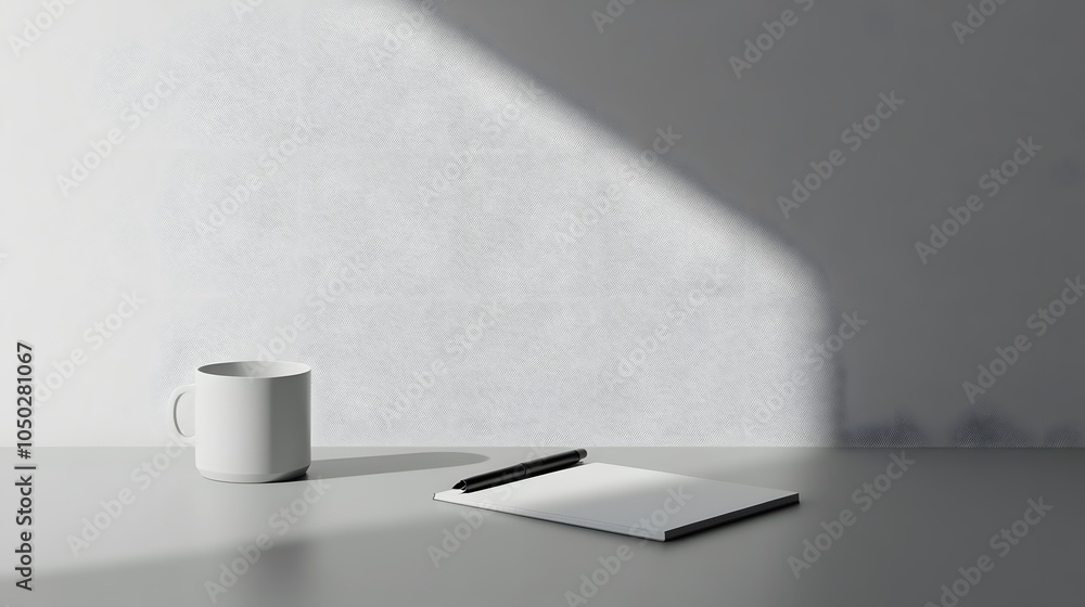 Poster A clean, minimal setup of just a pen and small notepad on a smooth table, plain background, 4K resolution