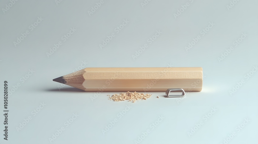 Poster a side-angle close-up of a pencil and sharpener arranged cleanly on a plain surface, minimal style, 