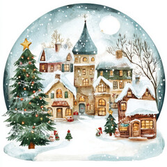 Obraz premium charming watercolor illustration of snowy Christmas village with tall church tower, large Christmas tree and little houses decorated with warm lights. It evokes feelings of peace and joy