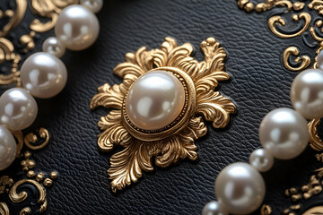 A close-up of a decorative gold brooch featuring a large pearl, surrounded by elegant pearls against a textured black background.