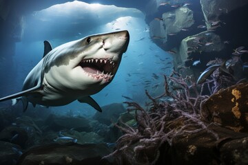 Naklejka premium Underwater scene dolphins playfully swimming amid coral reef, surrounded by fish and sea plants