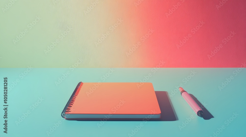 Poster A wide-angle view of a notebook and a single highlighter, positioned symmetrically on a table, minimal style, plain background, 4K resolution